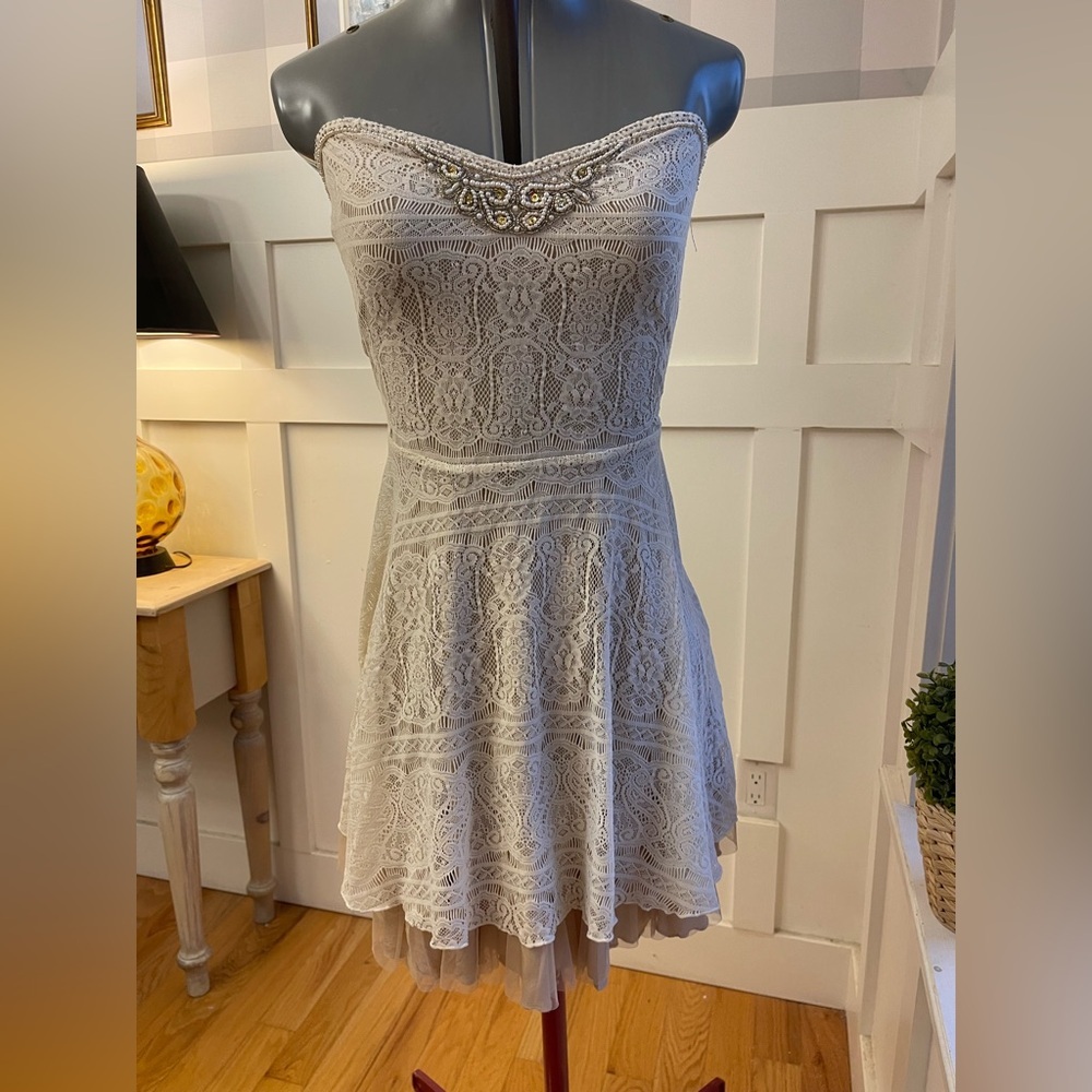 Strapless Lace A-Line Dress in Light Gray